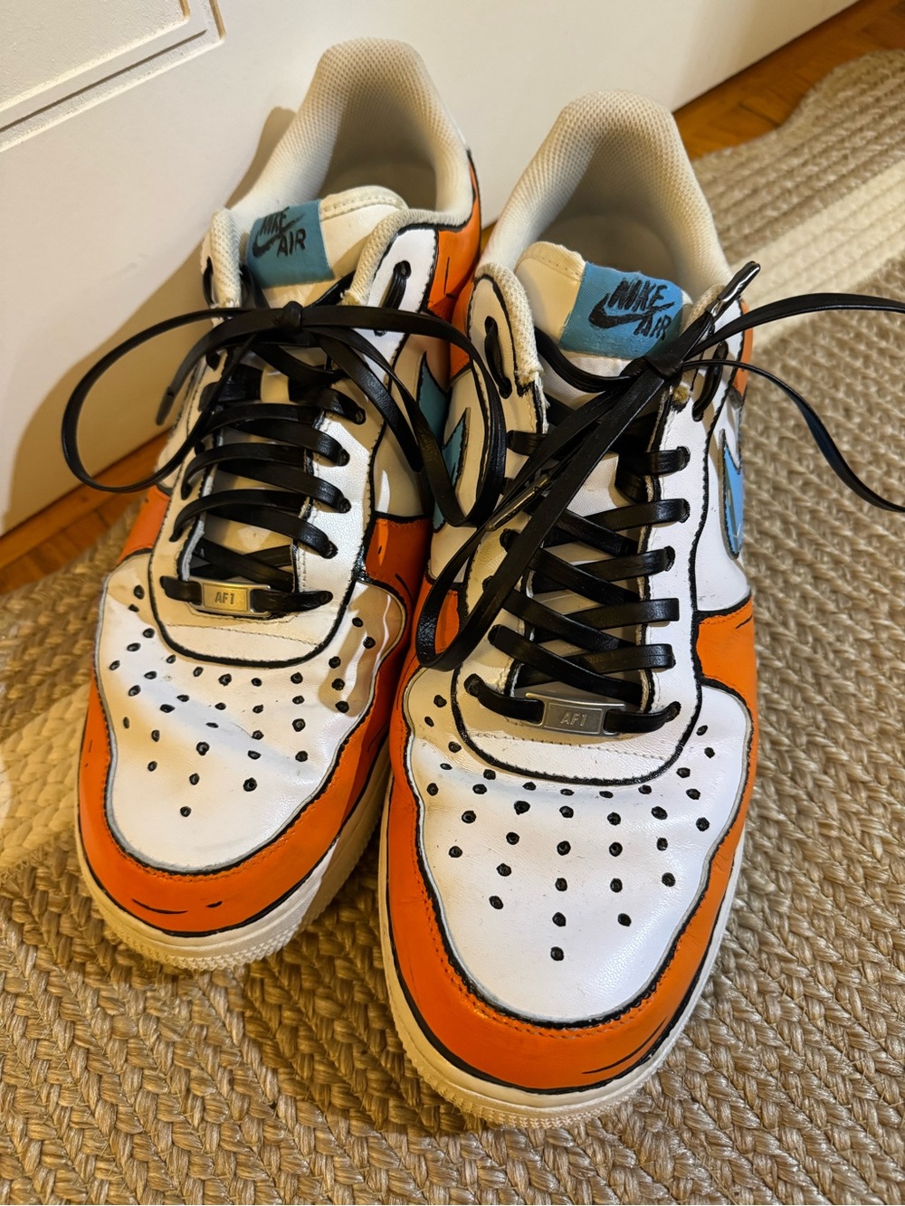 Custom Painted Nike Air Force 1 Sneakers Orange & Blue Drip Leather Lace Size 15 - Picture 3 of 9